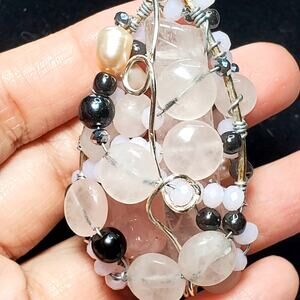 Beautiful Natural Stone Pearl Chunky Pendant Wire Wrapped Large 3"